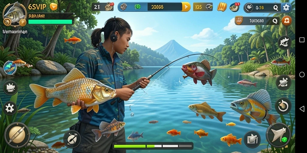 Gameplay seru dalam 6SVIP saat memancing ikan.