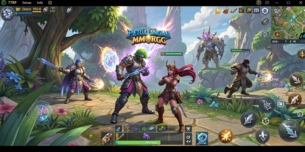 Tampilan gameplay 77RP menampilkan pertempuran seru di dunia MMORPG.