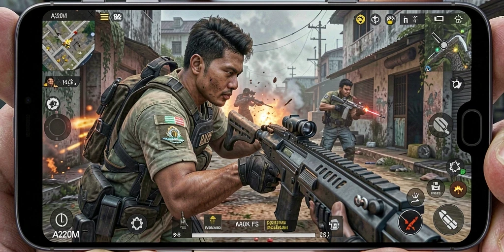 Tampilan gameplay menegangkan A200M dalam aksi FPS.