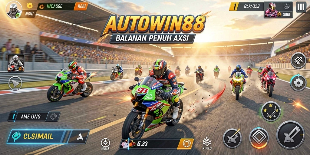 Gameplay seru di AUTOWIN88 dengan motor balap di lintasan.