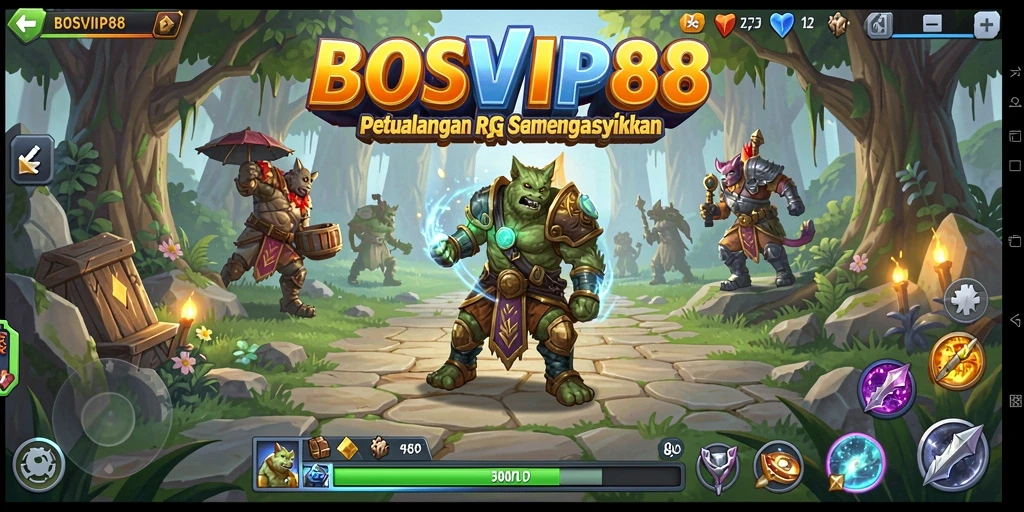 Screenshot gameplay <strong>BOSVIP88</strong> yang menampilkan pertarungan epik di dunia fantasi.