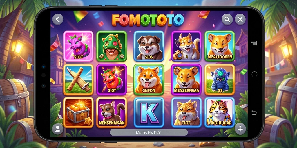 Screenshot gameplay FOMOTOTO menunjukkan gulungan yang berputar dengan simbol menarik.