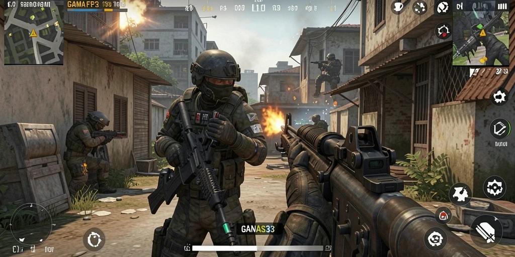 Tangkapan layar menunjukkan aksi seru dalam gameplay FPS GANAS33.