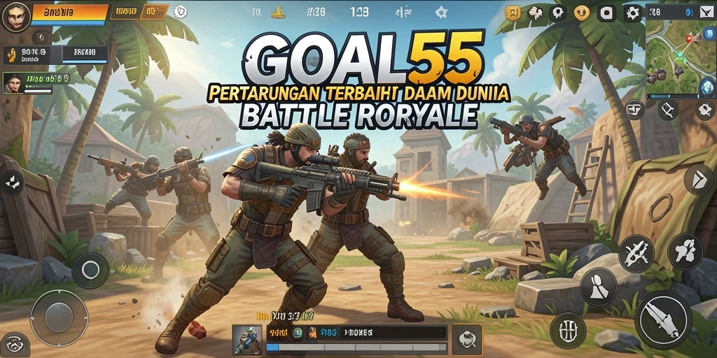 Screenshot utama GOAL55 menampilkan aksi seru dalam pertarungan Battle Royale.