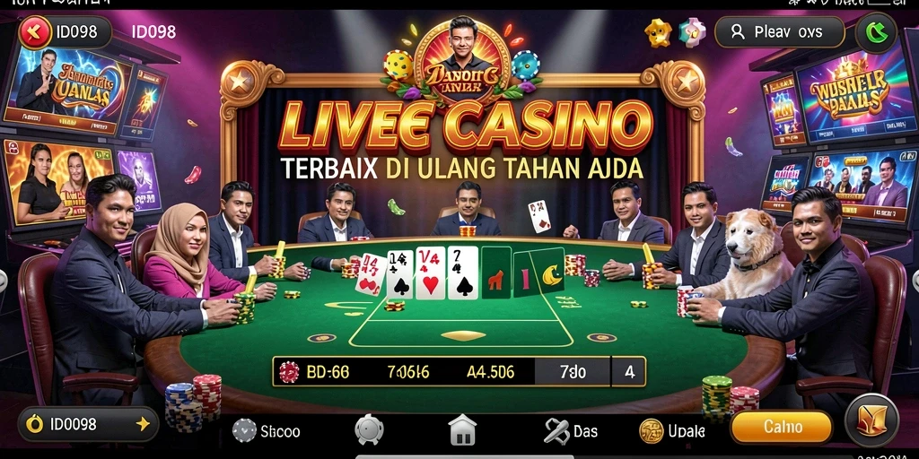 Screenshot gameplay ID098 yang menampilkan dealer langsung dan suasana kasino.