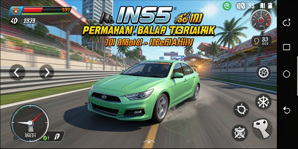 Tampilan gameplay balap mendebarkan di INS55 dengan mobil berkecepatan tinggi.