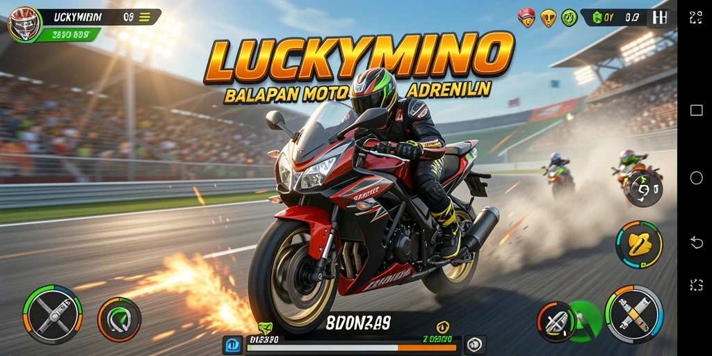 Tampilan gameplay LUCKYMINO yang mendebarkan di lintasan balap.