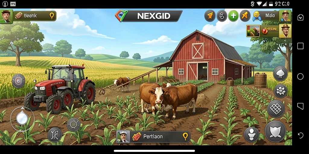Tangkapan layar gameplay NEXGID yang menunjukkan aktivitas bertani di lahan hijau.
