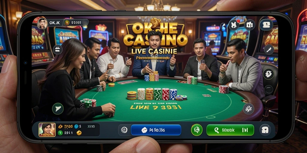 Screenshot gameplay Live Casino OKJK menampilkan suasana kasino yang mengasyikkan.