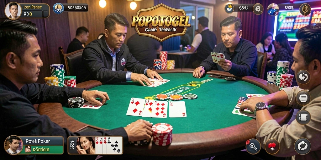 Tampilan gameplay menegangkan di POPOTOGEL dengan suasana poker yang seru.
