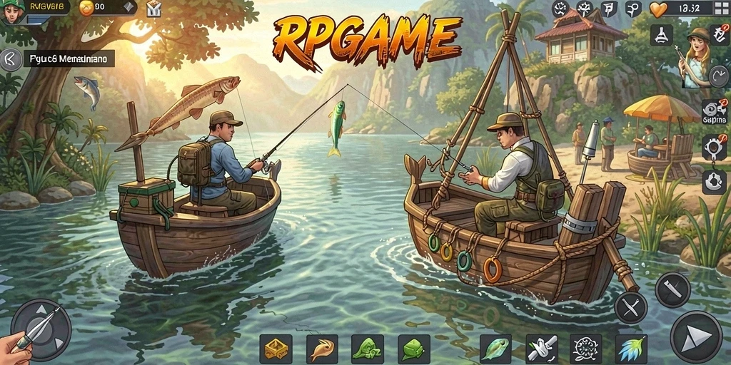 Screenshot RPGAME menunjukkan pemain menangkap ikan di danau yang indah.