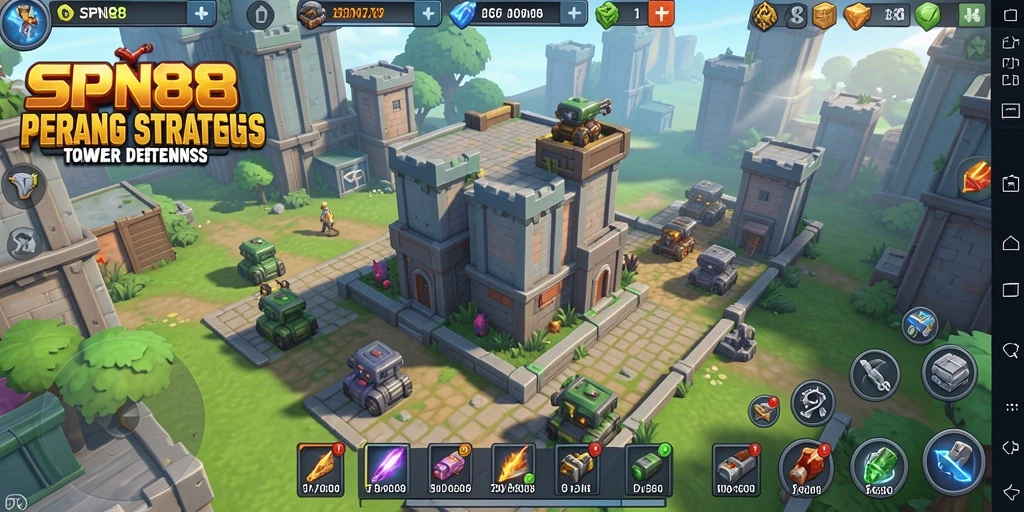 Screenshot gameplay SPN88 menunjukkan menara dan musuh yang beragam dalam aksi Tower Defense.