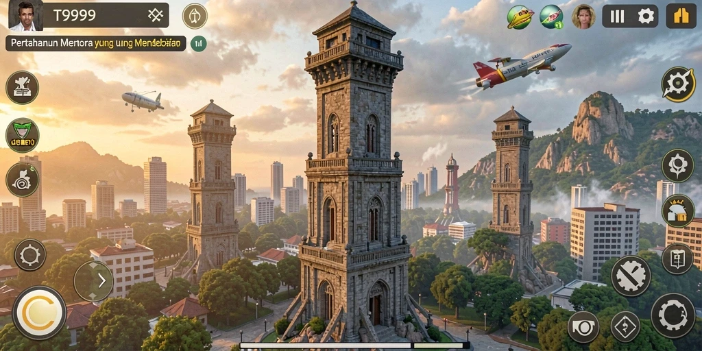 Screenshot T9999 menampilkan gameplay menara pertahanan yang seru dan interaktif.