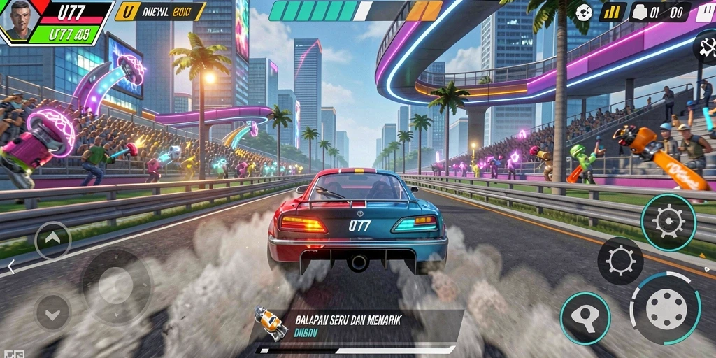 Screenshot UT77 menampilkan aksi balapan seru di lintasan modern.